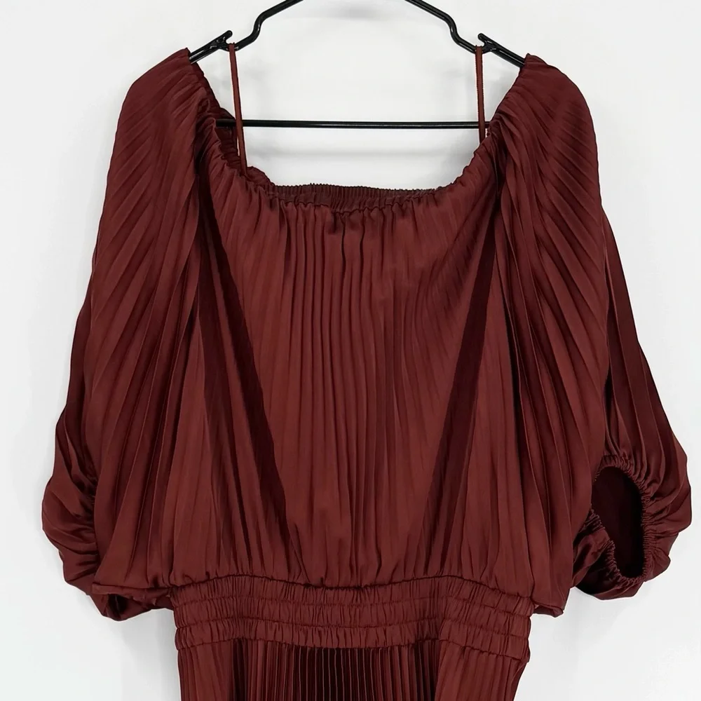 A.L.C. Sienna Satin Pleated‎ Off Shoulder Midi Dress, Red Rock, Size 8, NWOT